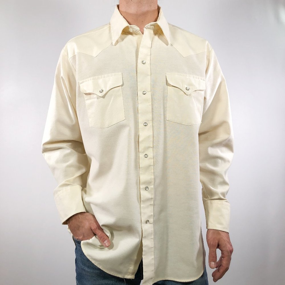 Off White Cream Western Snap Button Shirt 16.5 34 - Picture 1 of 6